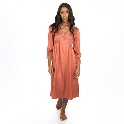 Women's Satin Lace Trim Long Sleeve V-neck Nightdress