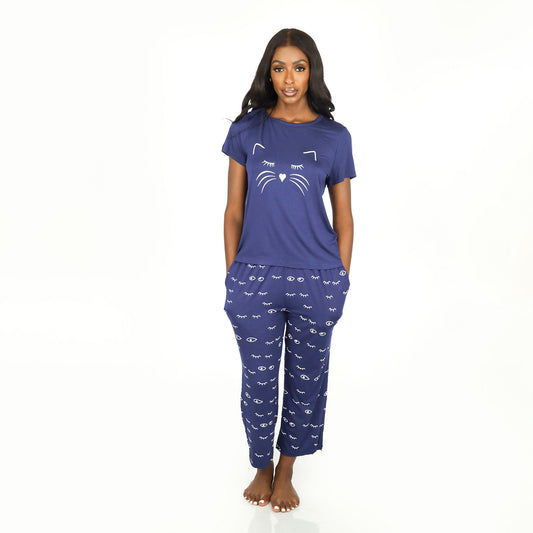 Women's Two Piece Pajamas Printed Short-sleeved Round Neck Top Cropped Pants