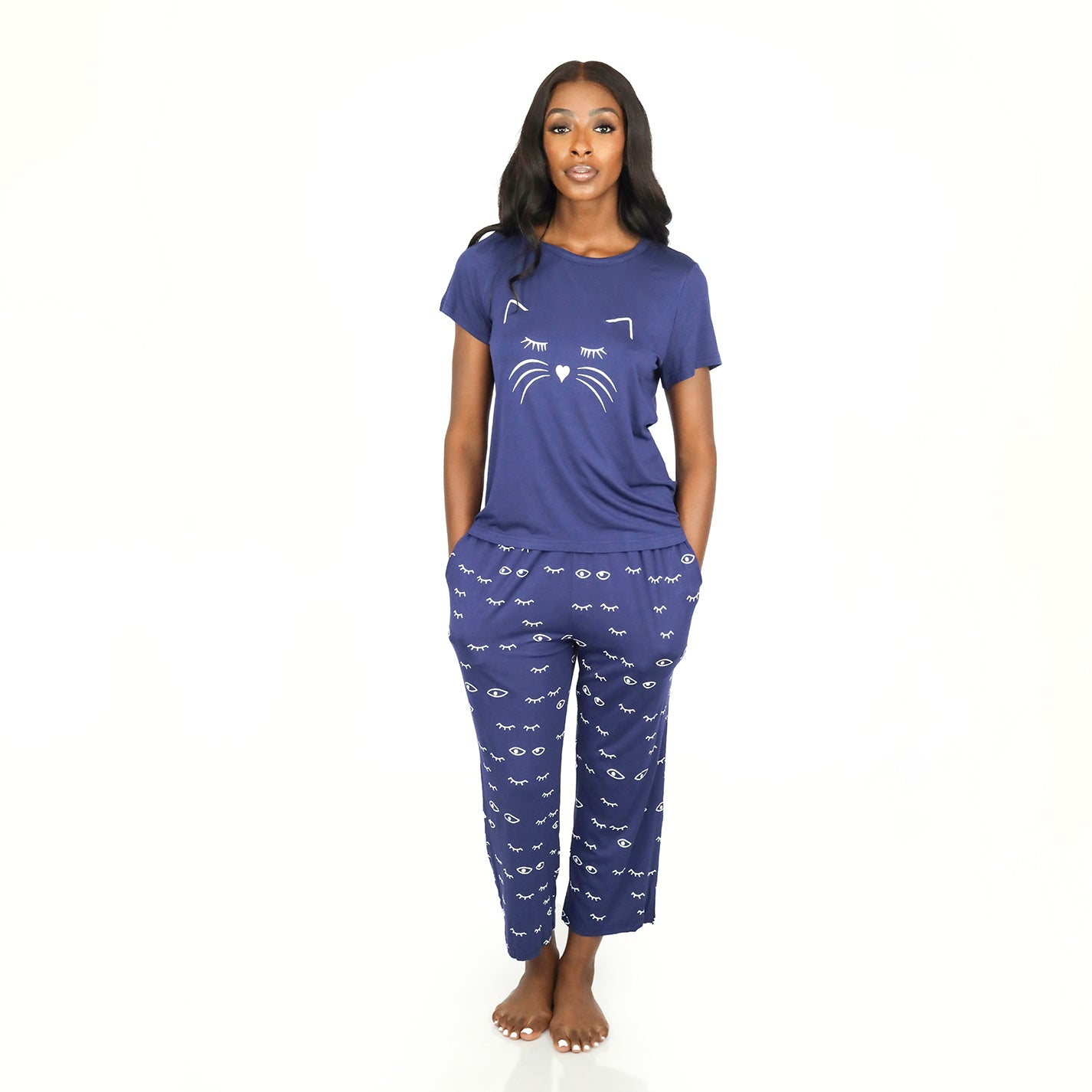 Women's Two Piece Pajamas Printed Short-sleeved Round Neck Top Cropped Pants