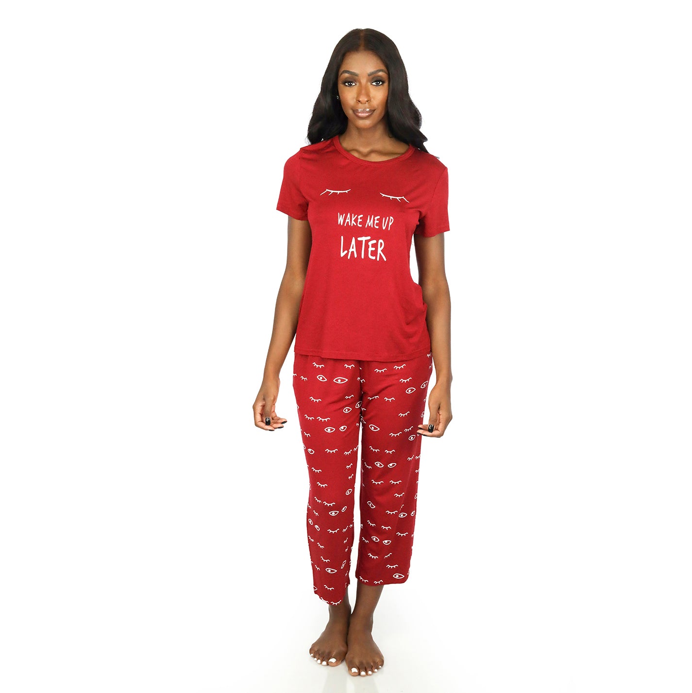 Women's Two Piece Pajamas Printed Short-sleeved Round Neck Top Cropped Pants