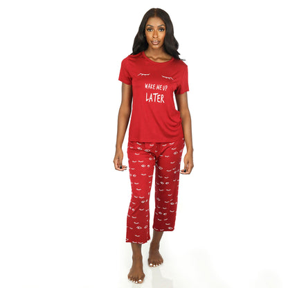 Women's Two Piece Pajamas Printed Short-sleeved Round Neck Top Cropped Pants