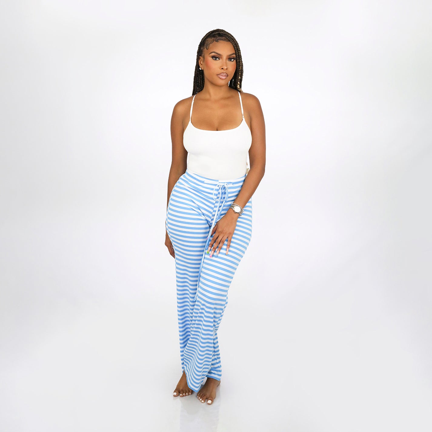 Striped Wide Leg Drawstring High Waist Pants