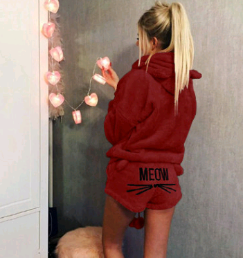 Women's Warm Fuzzy Cat Ear Hoodie Meow Short Set