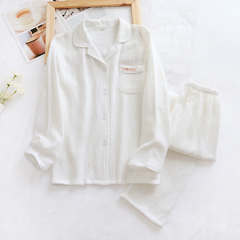 Long Sleeve Long Pants Gauze Crepe Cotton Front Button Top with Collar and Pocket Pajama Set