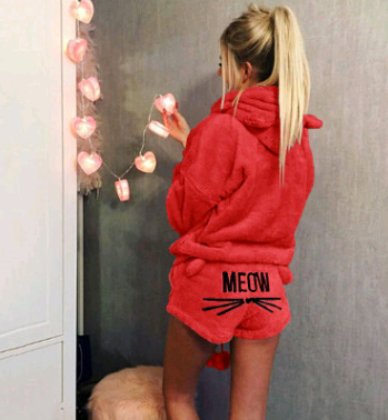 Women's Warm Fuzzy Cat Ear Hoodie Meow Short Set