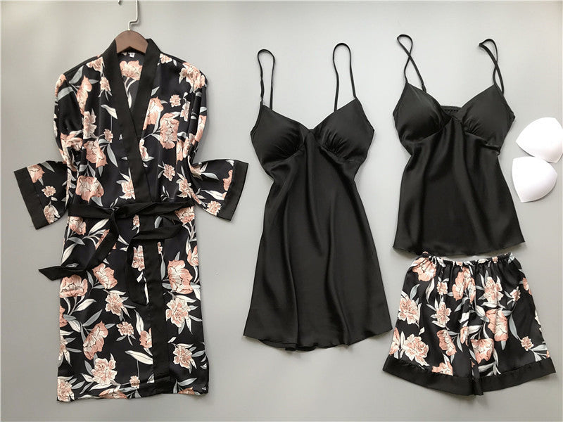 Women's Four Piece Sleepwear Gown V-neck Kimono Robe Shorts and Top