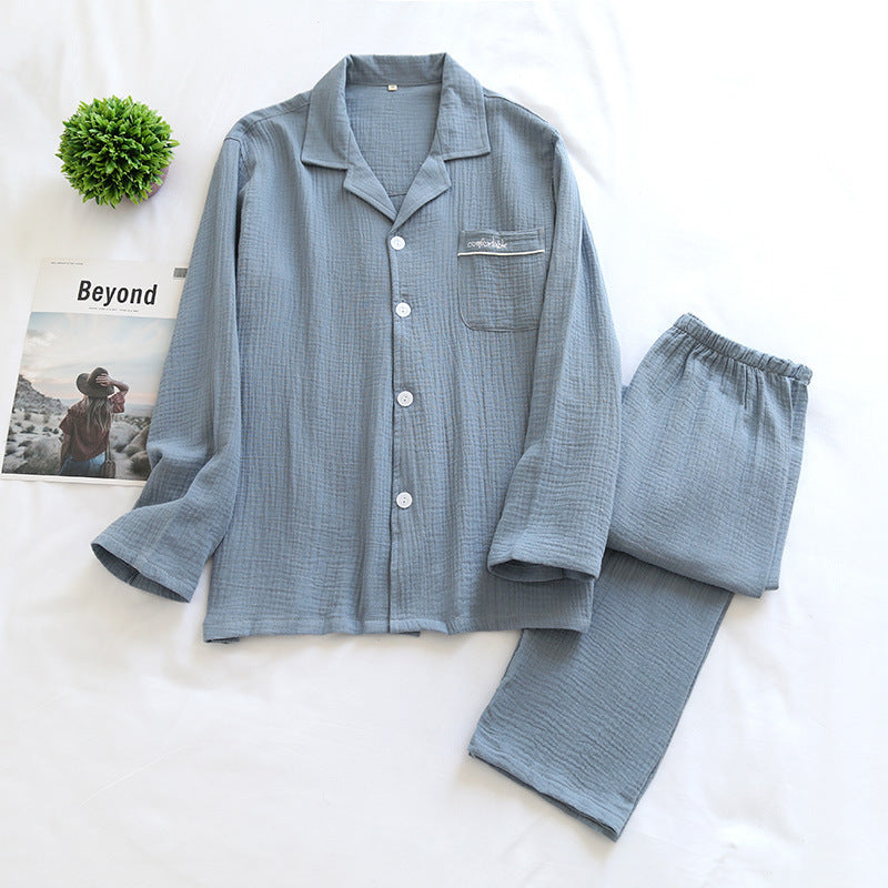 Long Sleeve Long Pants Gauze Crepe Cotton Front Button Top with Collar and Pocket Pajama Set