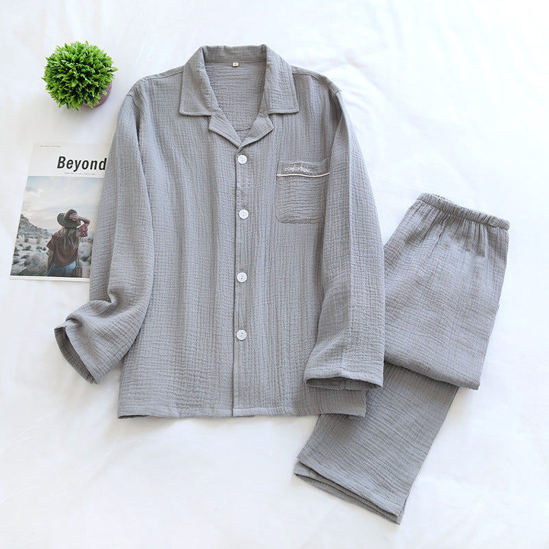 Long Sleeve Long Pants Gauze Crepe Cotton Front Button Top with Collar and Pocket Pajama Set