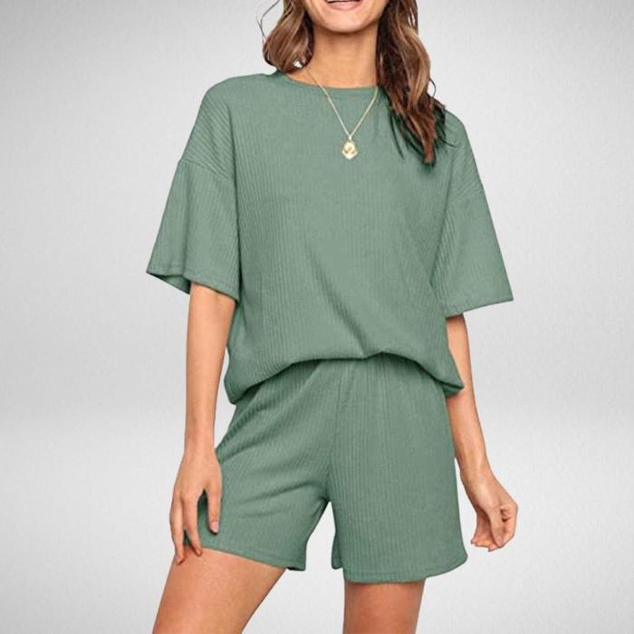 Women's Two-piece Drawstring Shorts Short-Sleeved Top Pajamas Loungewear